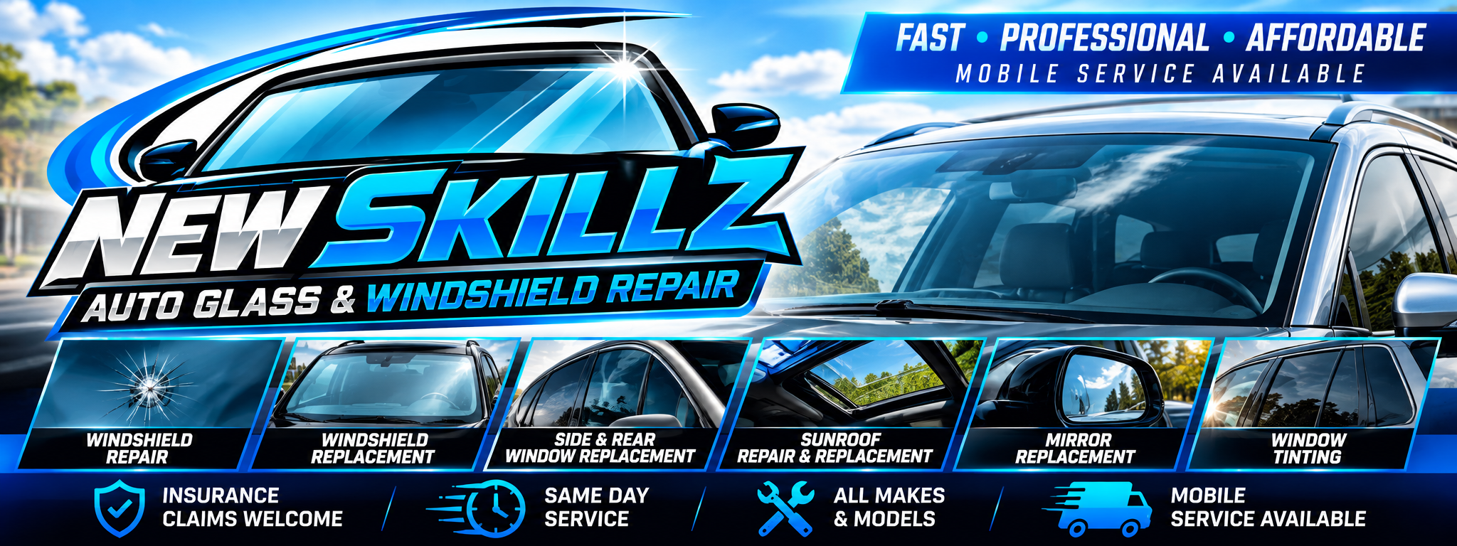 New Skillz Auto Glass banner: Fast, professional, affordable. Windshield repair, windshield replacement, side and rear window replacement, sunroof repair, mirror replacement and window tinting. Insurance claims welcome, same day service, all makes and models, mobile service available.